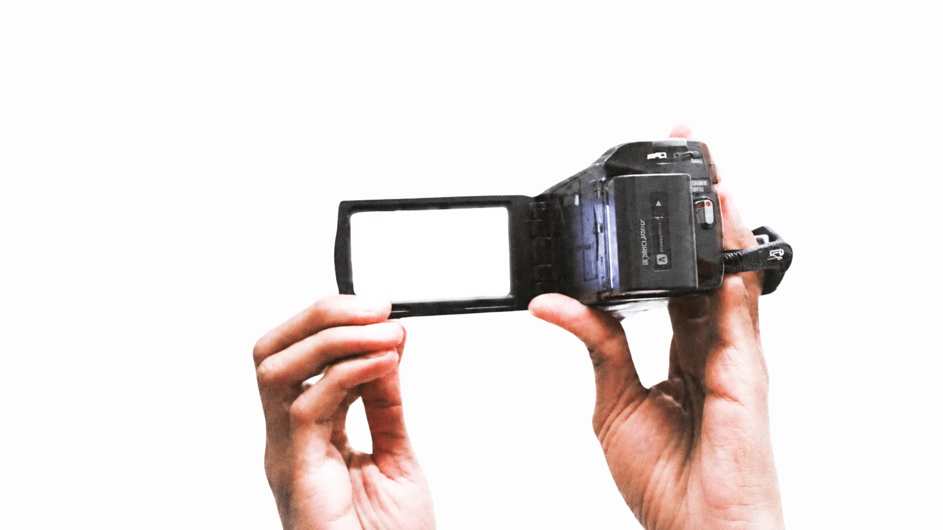 Hands holding a camcorder, its LCD framing the view